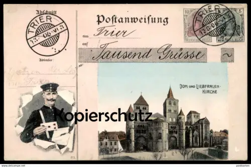 ALTE POSTKARTE TRIER TAUSEND GRÜSSE POSTANWEISUNG BRIEFTRÄGER 1906 postman facteur Stempel Reservelazarett Trier cpa AK