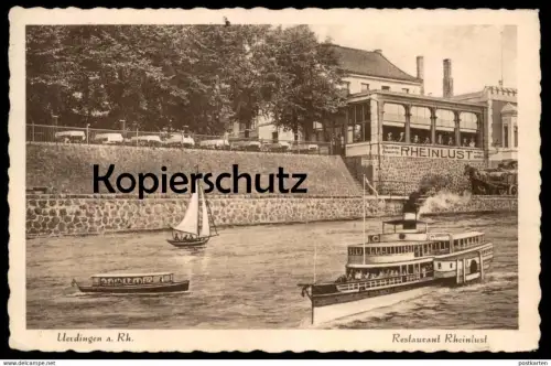 ALTE POSTKARTE UERDINGEN AM RHEIN RHEINLUST INH.ANDREAS BREMS GLASVERANDA KEGELBAHN BILLARD Dampfer ship Crefeld Krefeld