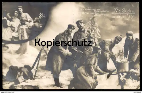 ALTE POSTKARTE SOLDATEN FEIERN SYLVESTER BOWLE PHOTOMONTAGE VIEL GLÜCK IM NEUEN JAHR SOLDAT Soldats Soldiers Krieg war