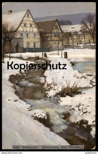 ALTE POSTKARTE BONNEWITZ DORFMOTIV BACH BEZIRK DRESDEN PIRNA GRAUPA Sachsen Bauernhaus Winter snow ruisseau runnel brook