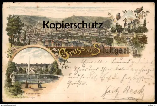 ALTE LITHO POSTKARTE GRUSS AUS STUTTGART GANZSACHE 1896 RESIDENZSCHLOSS EUGENSBRUNNEN Eugens Brunnen Ansichtskarte AK