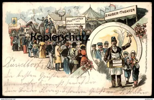 ALTE LITHO POSTKARTE MÜNCHEN PSCHORR-BRÄU POSTKARTEN ROSENBLATT KAMEL WÜRSTCHEN ZAUBER-THEATER Zauberer Kirmes fair