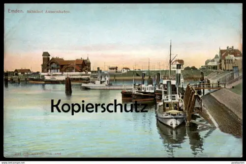 ALTE POSTKARTE EMDEN BAHNHOF AUSSENHAFEN HAFEN SCHIFF ship bateau station gare cpa postcard AK Ansichtskarte