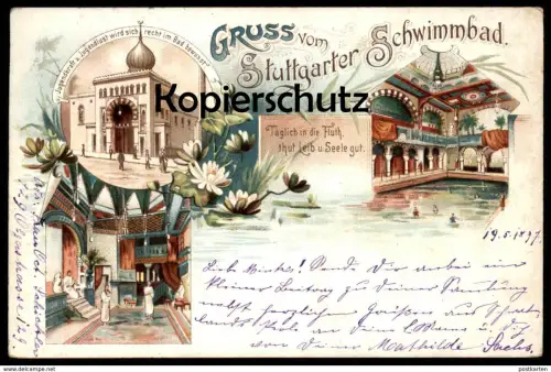 ALTE LITHO POSTKARTE GRUSS VOM STUTTGARTER SCHWIMMBAD 1897 STUTTGART Bad bath piscine cpa postcard AK Ansichtskarte