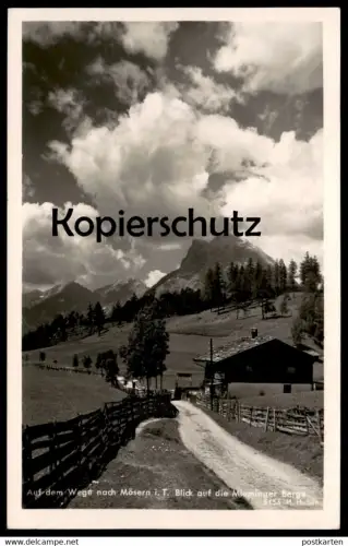 ALTE POSTKARTE AUF DEM WEGE NACH MÖSERN TIROL BLICK AUF DIE MIEMINGER BERGE Telfs Bauernhaus Haus postcard Ansichtskarte