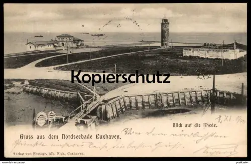 ALTE POSTKARTE GRUSS AUS DEM NORDSEEBADE CUXHAVEN BLICK AUF DIE RHEDE 1900 Dullz Hausstands Kohlenlager Ansichtskarte
