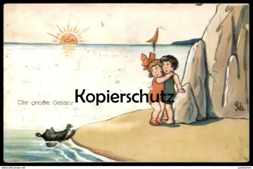 ALTE KÜNSTLER POSTKARTE DIE GROSSE GEFAHR KROKODIL crocodile Angst Kinder fear peur child Paar couple Humor Alligator