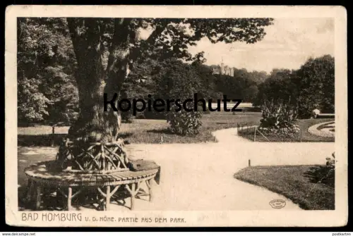 ALTE POSTKARTE BAD HOMBURG PARTIE AUS DEM PARK KURPARK Baum Sitzgruppe & Jacke tree arbre cpa postcard Ansichtskarte