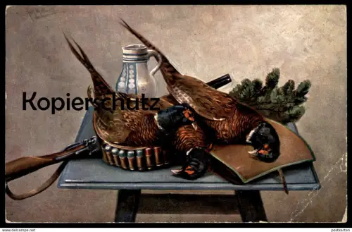 ALTE KÜNSTLER POSTKARTE FASAN GEWEHR STILLLEBEN Jagd hunt Hunting Wildbret game gibier pheasant faisan carabine Flinte