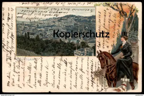 ALTE LITHO PRÄGE POSTKARTE STUTTGART REITERIN PFERD HUND horse dog chien cheval cpa gaufreé gauffrée embossed Prägekarte
