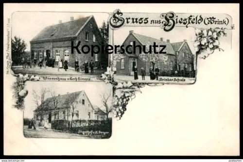 ALTE POSTKARTE GRUSS AUS HIESFELD BRINK BRINKER SCHULE WARENHAUS GERH. EIMERS JÄGERHOF H. BERGER OBERHAUSEN DINSLAKEN