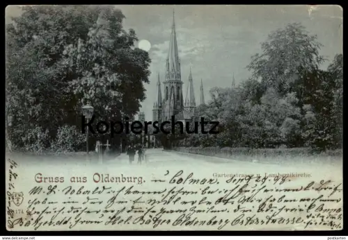 ALTE MONDSCHEIN POSTKARTE GRUSS AUS OLDENBURG GARTENSTRASSE & LAMBERTIKIRCHE postcard cpa AK Ansichtskarte