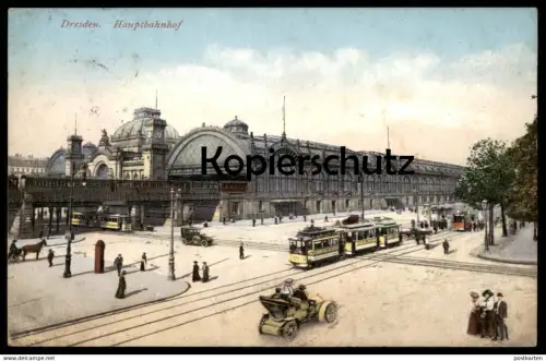 ALTE POSTKARTE DRESDEN HAUPTBAHNHOF STRASSENBAHN AUTO Tram tramway car station gare Bahnhof cpa postcard Ansichtskarte