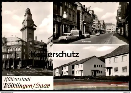 ÄLTERE POSTKARTE HÜTTENSTADT VÖLKLINGEN SAAR POSTSTRASSE NORDRING SIEDLUNG RATHAUS Opel Kapitän ? Café Duchéne cpa AK