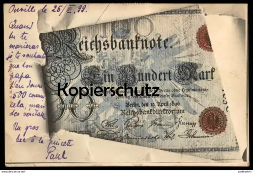 ALTE POSTKARTE GELDSCHEIN REICHSBANKNOTE 100 MARK REICHSBANK BERLIN 1896 money monnaie billet de banque bank note Geld