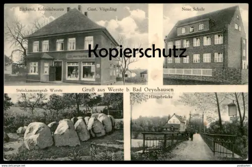 ALTE POSTKARTE GRUSS AUS WERSTE B. BAD OEYNHAUSEN STEINKAMMERGRAB BÄCKEREI KOLONIALWAREN VÖGEDING SCHULE Grab grave tomb