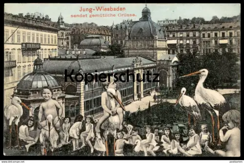 ALTE POSTKARTE JUNG WIESBADEN SENDET GEMÜTLICHE GRÜSSE KINDER montage photo children enfants Baby bébé nude surrealisme