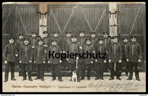 ALTE POSTKARTE BERUFS-FEUERWEHR STUTTGART FEUERWACHE III CANNSTATT corps de pompiers fire brigade Hund dog chien Uniform