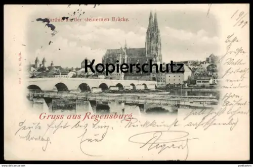 ALTE POSTKARTE GRUSS AUS REGENSBURG 1899 PARTHIE AN DER STEINERNEN BRÜCKE STEMPEL KÖNIGLICH BAYERISCHE Bahnpost cpa AK