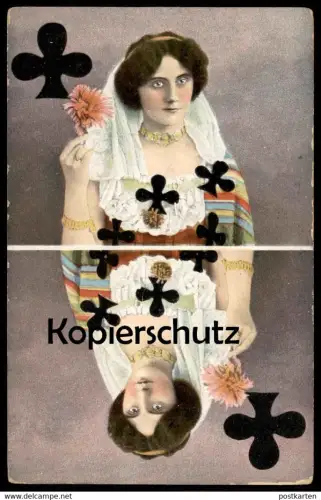ALTE POSTKARTE KREUZ-DAME SPIELKARTE FRAU KARTENSPIEL ROSE WOMAN FEMME clubs playing trèfle Schmuck bijoux jewellery cpa