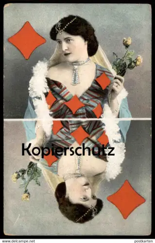 ALTE POSTKARTE KARO-DAME SPIELKARTE FRAU ROSE WOMAN FEMME KARTENSPIEL playing card carreau carte Schmuck bijoux jewels