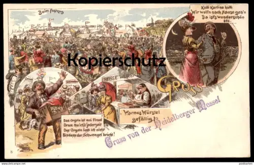 ALTE POSTKARTE HEIDELBERG GRUSS VON DER HEIDELBERGER MESSE DREHORGEL WARMES WÜRSTEL Orgue de barbarie Hand Organ Circus