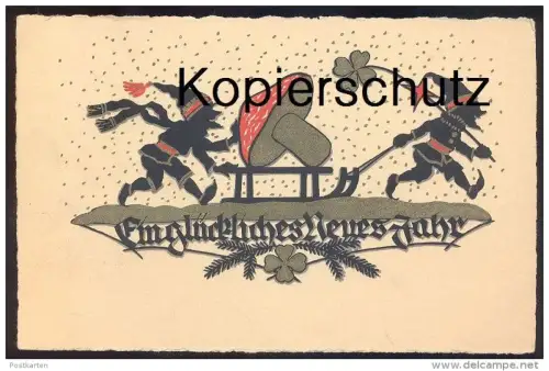 ALTE POSTKARTE SCHWARZE ZWERGE ZIEHEN SCHLITTEN MIT FLIEGENPILZ Zwerg Pilz dwarf midget luge sleigh fly agaric vergoldet