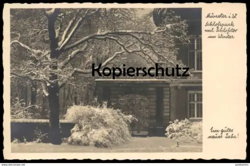 ALTE POSTKARTE MÜNSTER SCHLOSSPARK MIT SCHLOSSTOR IM WINTER EIN GUTES NEUES JAHR! Muenster cpa postcard AK Anischtskarte
