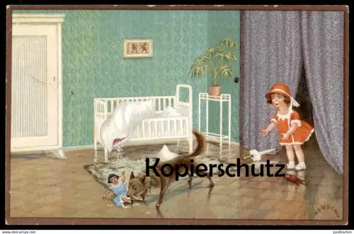 ALTE KÜNSTLER POSTKARTE HUND ZERSTÖRT PUPPE VON KIND HERSCHU enfant girl jeune fille child dog chien Humor humour