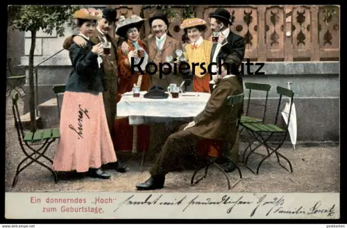 ALTE POSTKARTE EIN DONNERNDES HOCH ZUM GEBURTSTAG 1906 Geburtstagskarte Bier Alkohol Bowle beer birthday women drinking