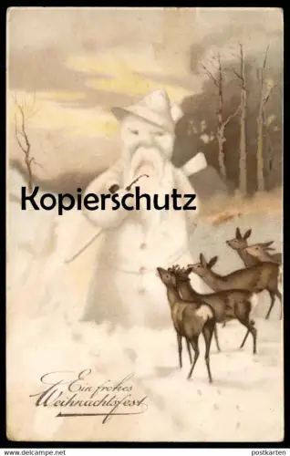 ALTE POSTKARTE EIN FROHES WEIHNACHTSFEST JÄGER ALS SCHNEEMANN REHE DEER CHEVREUIL hunting snowman christmas Weihnachten
