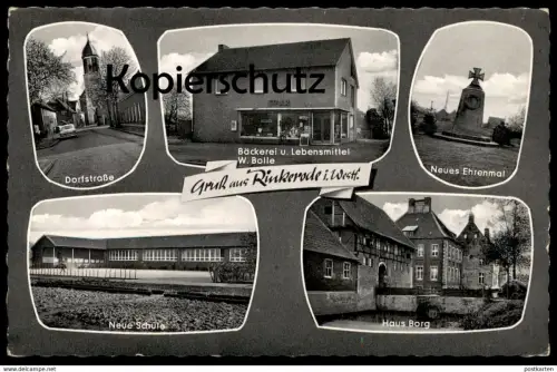 ÄLTERE POSTKARTE GRUSS AUS RINKERODE DRENSTEINFURT BÄCKEREI W. BOLLE SPAR EHRENMAL SCHULE DORFSTRASSE HAUS BORG AK cpa
