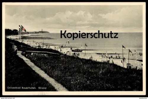 ALTE POSTKARTE OSTSEEBAD BAUERHUFEN STRAND BEFLAGGUNG POMMERN Chlopy Polska poland Polen postcard cpa AK Ansichtskarte