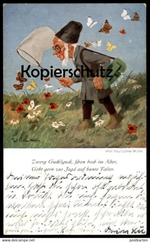 ALTE KÜNSTLER POSTKARTE ZWERG GUCKLIGUCK JAGD SCHMETTERLING PAUL LOTHAR MÜLLER BUTTERFLY HUNTING Dwarf Midget