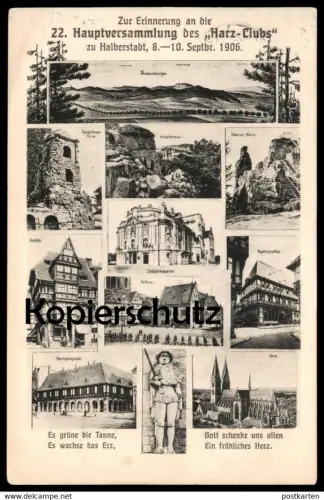 ALTE POSTKARTE ERINNERUNG AN DIE HAUPTVERSAMMLUNG DES HARZ-CLUBS IN HALBERSTADT 1906 Harz-Club Karte an Auswanderer