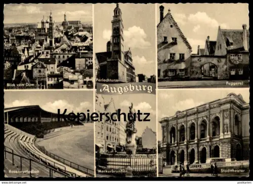 ÄLTERE POSTKARTE AUGSBURG ROSENAUSTADION PERLACHTURM THEATER FUGGEREI Stadion stadium stade stadio estadio Ansichtskarte