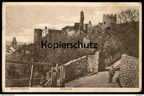 ALTE POSTKARTE BAD MÜNSTEREIFEL BURGRUINE Ruine Wanderer hiker migrant ruin Muenstereifel cpa postcard AK Ansichtskarte
