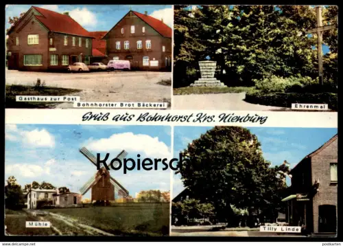 ÄLTERE POSTKARTE GRUSS AUS BOHNHORST MÜHLE TILLY LINDE GASTHAUS ZUR POST BAUM tree VW Opal molen windmill Warmsen Uchte
