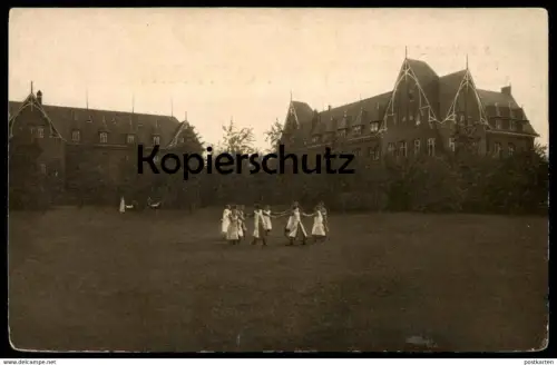 ALTE POSTKARTE LEVERKUSEN WOHLFAHRTSPARK WÖCHNERINNENHEIM & HAUSHALTUNGSSCHULE FARBENFABRIKEN VORM. BAYER Ringelreihen