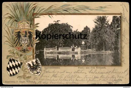 ALTE PRÄGE POSTKARTE BAD GODESBERG PARTIE AUS DEM KURPARK 1901 Bonn Wappen vergoldet Embossed card gaufree Blason cpa AK