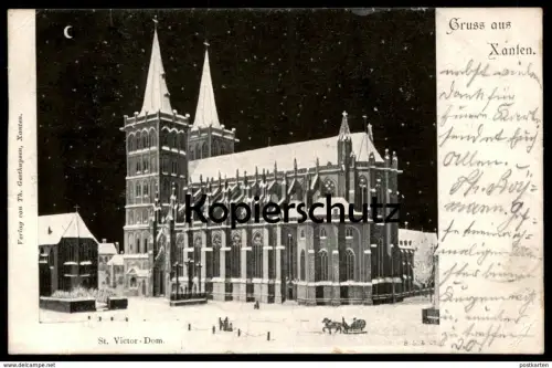 ALTE POSTKARTE GRUSS AUS XANTEN ST. VICTOR DOM BEI NACHT SCHNEE by night nuit snow Winter church église Schlitten luge