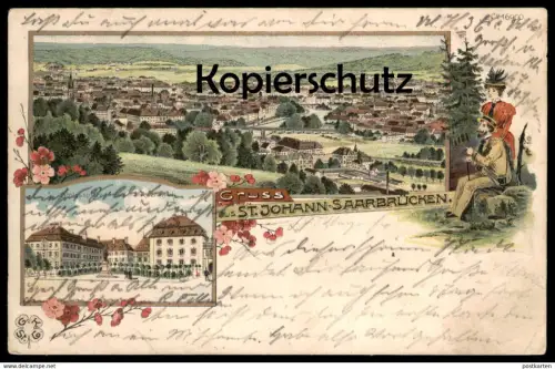 ALTE LITHO-POSTKARTE GRUSS AUS ST. JOHANN SAARBRÜCKEN SARREBRUCK SCHLOSSPLATZ MIT BISMARCK-DENKMAL Monument Couple cpa