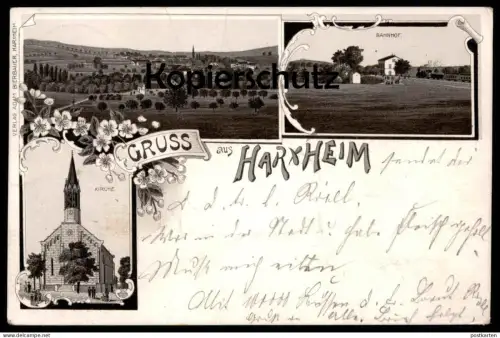 ALTE LITHO-POSTKARTE GRUSS AUS HARXHEIM BAHNHOF DAMPFLOK KIRCHE Bodenheim Zug Train Railway Eisenbahn station gare cpa
