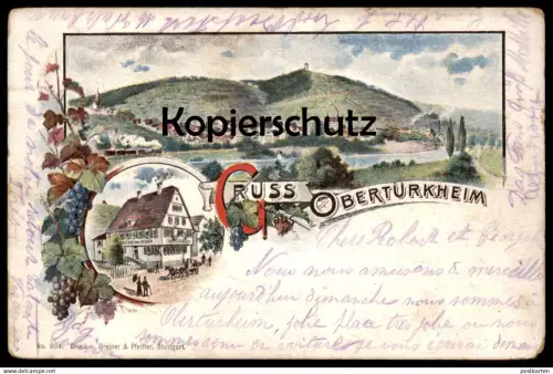ALTE LITHO-POSTKARTE GRUSS AUS OBERTÜRKHEIM GASTHOF ZUM OCHSEN Stuttgart Zug Dampflok Panorama train railway postcard AK