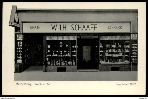 ALTE POSTKARTE HEIDELBERG HAUPTSTRASSE 34 UHREN SCHMUCK WILHELM SCHAAFF ALPINA-GRUEN WMF Kuckucksuhren Uhr Watch Horloge