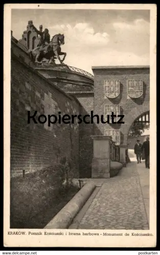 ALTE POSTKARTE KRAKOW POMNIK KOSCIUSZKI I BRAMA HERBOWA MONUMENT DE KOSCIUSZKO Wappen Blason Coat of arms Krakau Polska