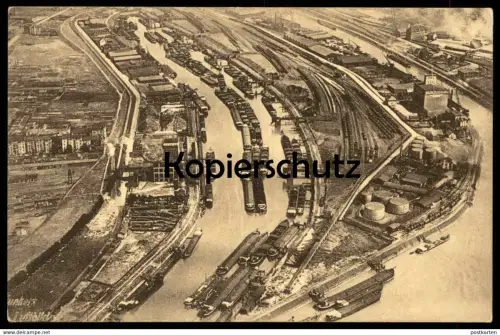 ALTE POSTKARTE DUISBURG JUNKERS LUFTBILD FLIEGERAUFNAHME HAFEN Frachtschiff Cargo Ship Schiff freight ship cpa postcard