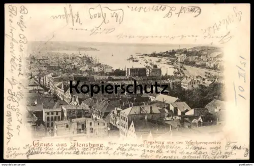 ALTE POSTKARTE GRUSS AUS FLENSBURG AUS DER VOGELPERSPECTIVE Vogelperspektive Hafen Harbour Theater-Schauspieler