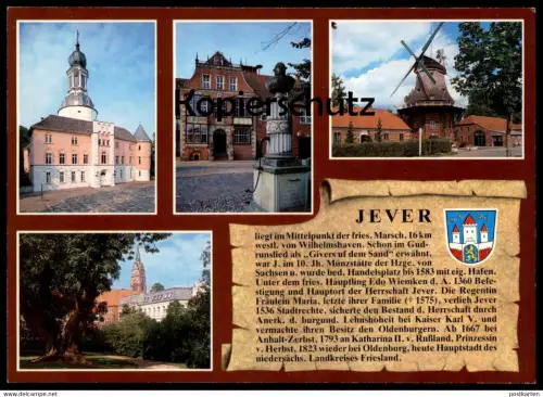 POSTKARTE JEVER MIT WAPPEN & GESCHICHTE CHRONIK Chronikkarte chronique chronicle storycard Mühle Windmill Molen Mill