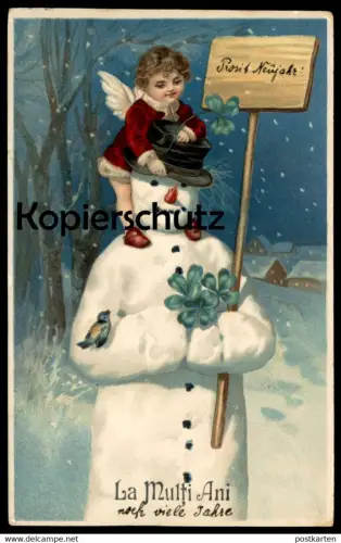 ALTE POSTKARTE LA MULTI ANI Prosit Neujahr new year nouvel an Engel Schneemann Angel Snowman Ange Bonhomme de neige cpa